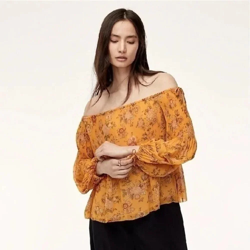 Aritzia Wilfred Talence Pleated Floral Garden Blouse Yellow Sz S - Picture 2 of 8